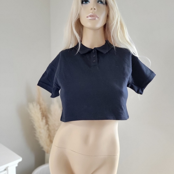 NWT cropped short sleeve black polo shirt preppy y2k style - Picture 5 of 9